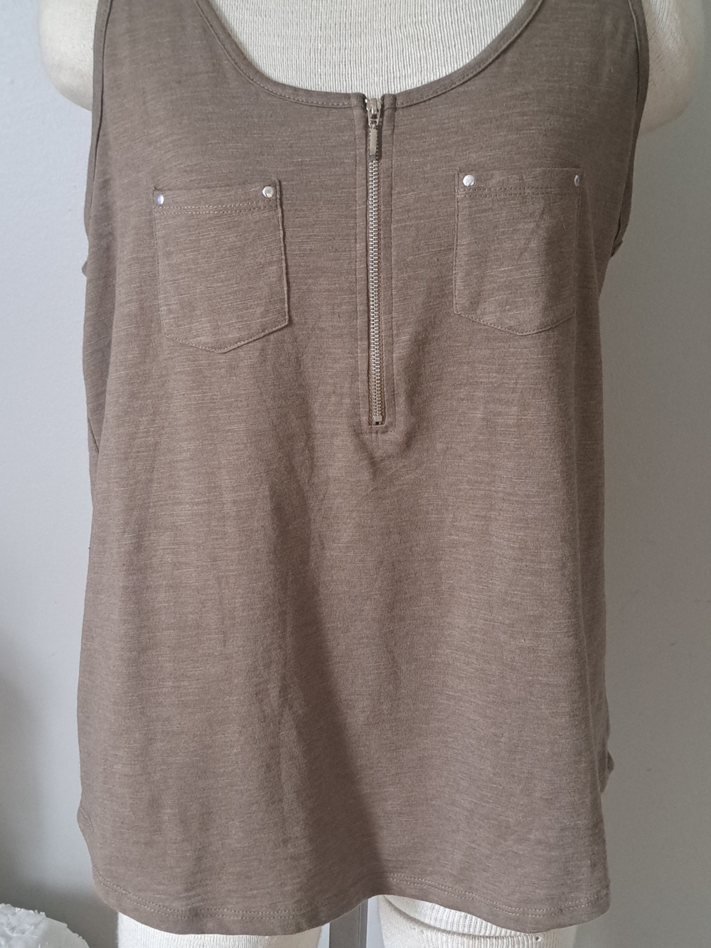 Khaki green brown tank sleeveless Top Cotton Blend lightweight coastal zip LG